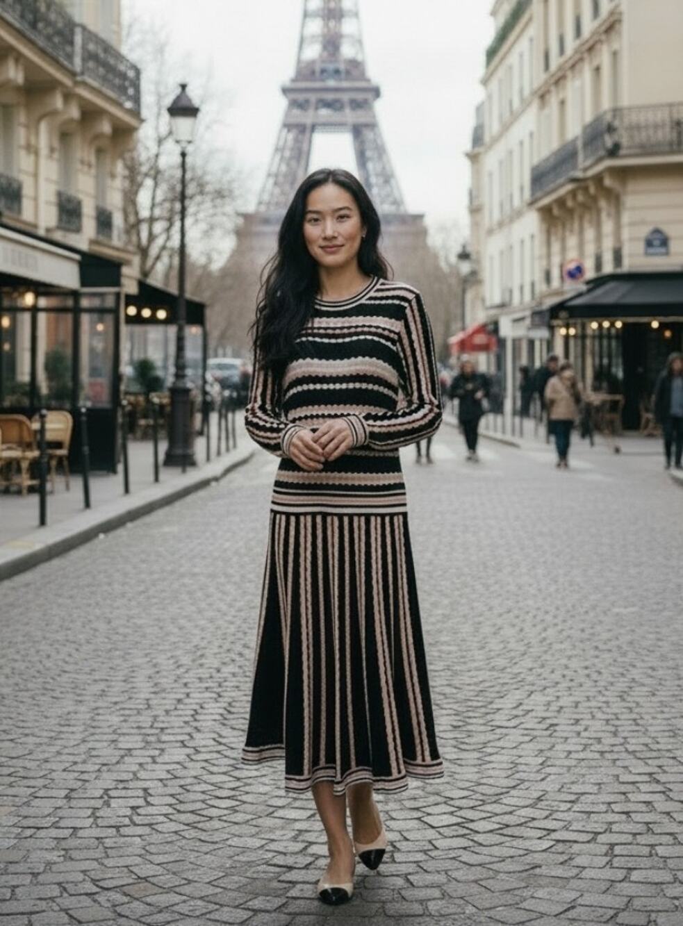 Kate Spade Scallop Stripe Sweater Dress Cotton Cashmere Midi Black Pink Large